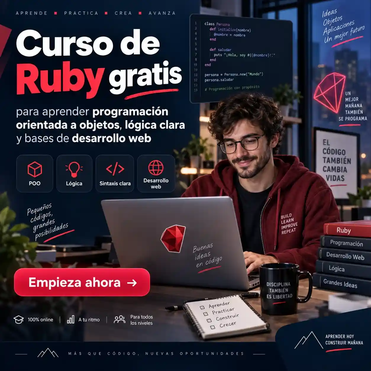 Curso de Ruby gratis para aprender programación orientada a objetos lógica clara y bases de desarrollo web