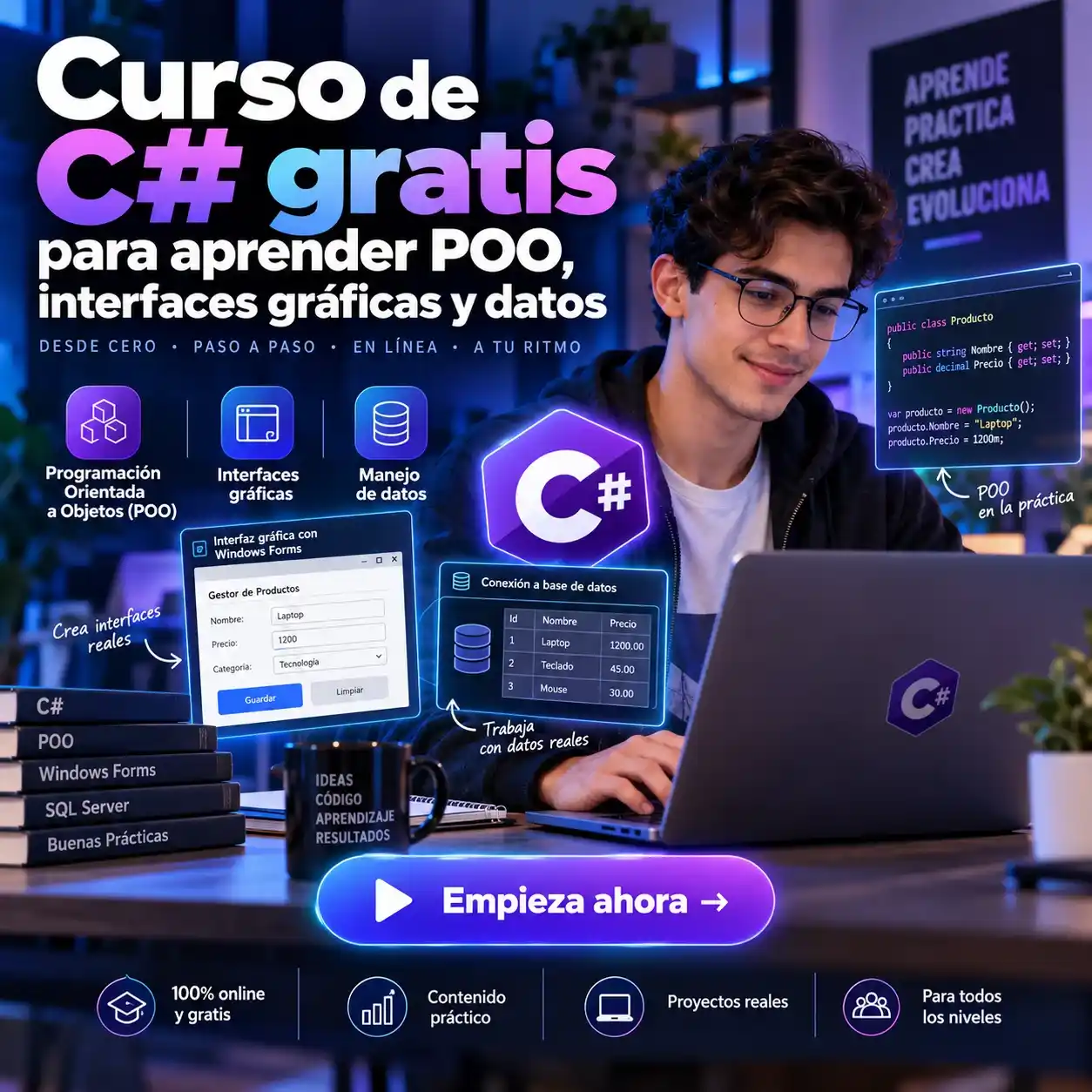 Curso de C gratis para aprender POO interfaces gráficas y datos