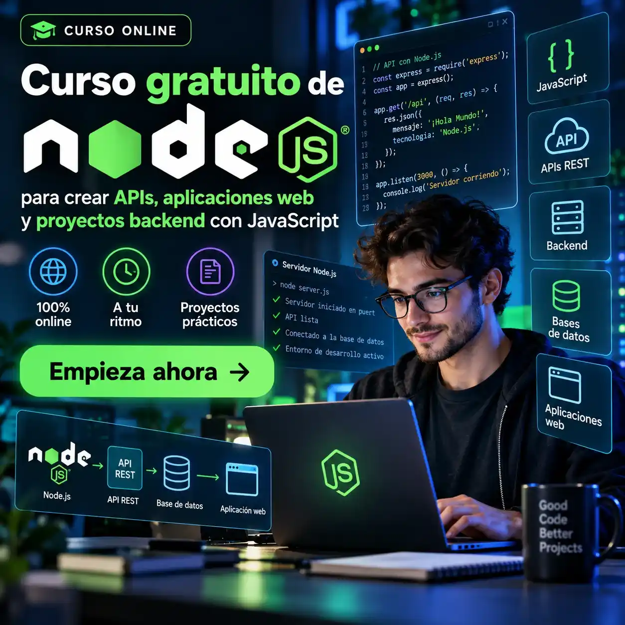 Curso gratuito de Node.js para crear APIs aplicaciones web y proyectos backend con JavaScript